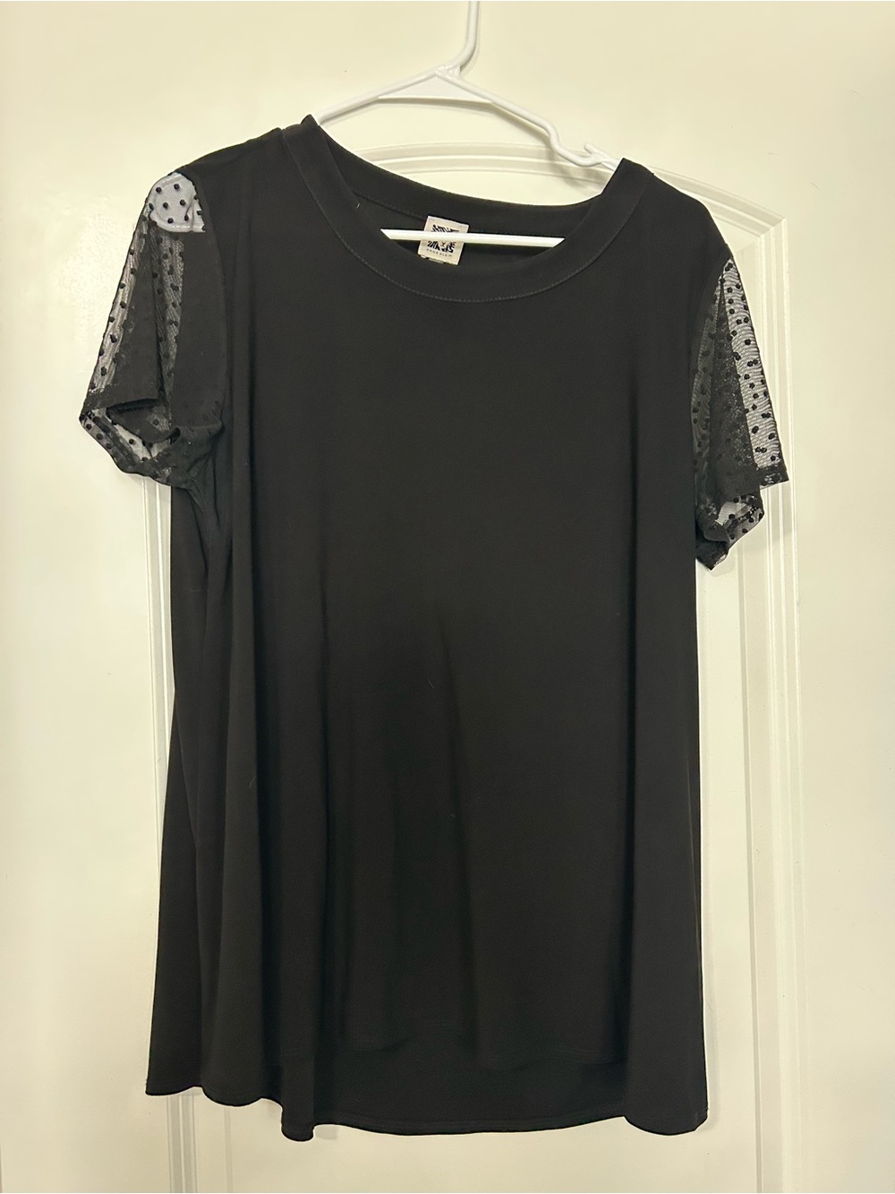 Anne Klein Black Short Sleeve Top with Sheer Polka Dot Sleeves
